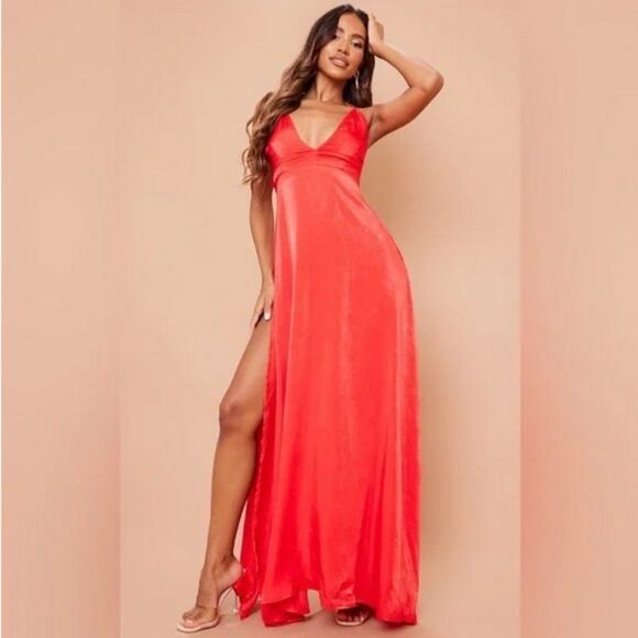 PrettyLittleThing Red Extreme Slit Strappy Back Maxi Dress - Picture 1 of 9
